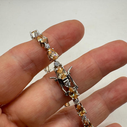 Vintage Tennis Bracelet | Simple Everyday Champagne Cubic Zirconia Crystal Gemstone | 925 Sterling Silver Stackable Minimal Bracelet
