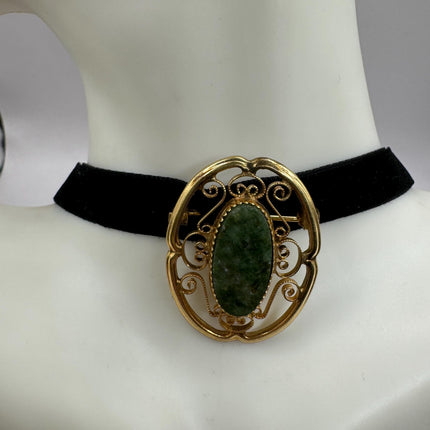 vintage lucky green Jade Brooch Pin gold filled Black velvet choker small, simple every day minimal