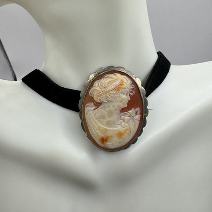vintage silver cameo pin brooch Black velvet choker Minimal Everyday Stacking Wedding Prom Jewelry wedding bride