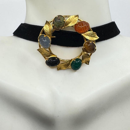 Vintage Tigers Eye Scarab Brooch Pin - 14K Gold Filled