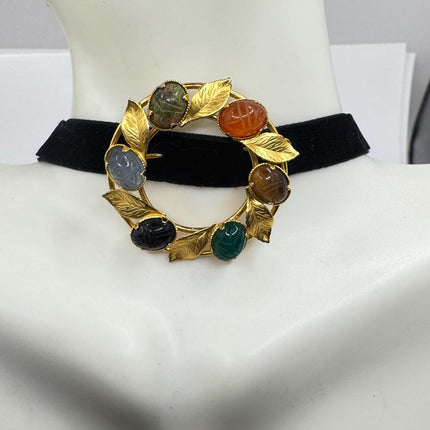 Vintage Tigers Eye Scarab Brooch Pin - 14K Gold Filled