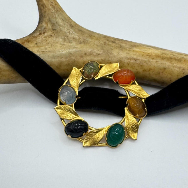 Vintage Tigers Eye Scarab Brooch Pin - 14K Gold Filled