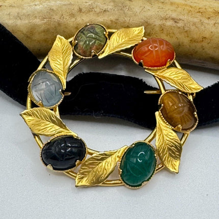 Vintage Tigers Eye Scarab Brooch Pin - 14K Gold Filled