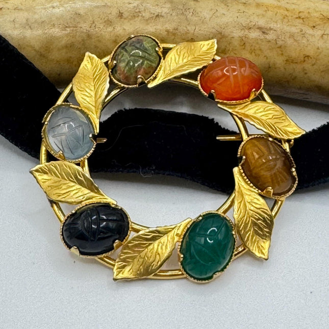 Vintage Tigers Eye Scarab Brooch Pin - 14K Gold Filled