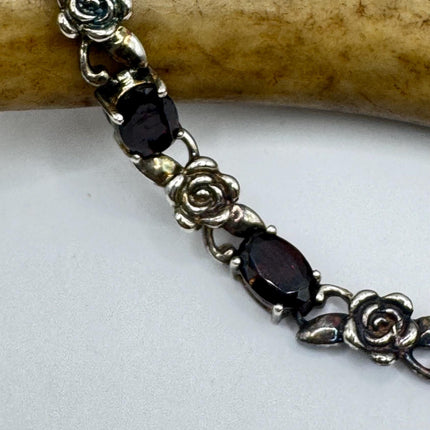 Vintage Silver Rose Garnet Tennis Bracelet - 925 Sterling Silver Stacked Holiday Jewelry