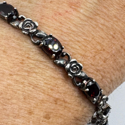 Vintage Silver Rose Garnet Tennis Bracelet - 925 Sterling Silver Stacked Holiday Jewelry