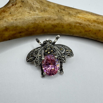 Vintage Pink Bee Scatter Pin 925 Sterling Silver Marcasite Brooch