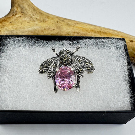 Vintage Pink Bee Scatter Pin 925 Sterling Silver Marcasite Brooch