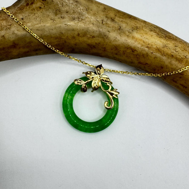 Vintage Green Jade Deco Choker Pendant Necklace - Gold filled chain