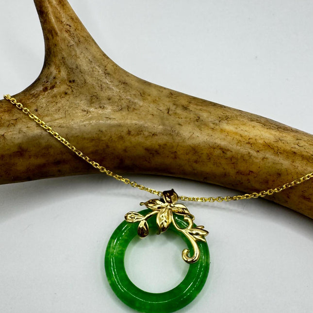 Vintage Green Jade Deco Choker Pendant Necklace - Gold filled chain