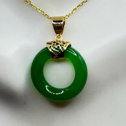 Vintage Green Jade Deco Choker Pendant Necklace - Gold filled chain