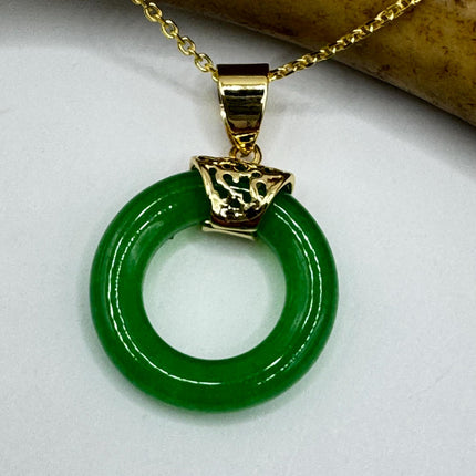 Vintage Green Jade Deco Choker Pendant Necklace - Gold filled chain