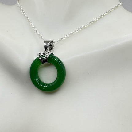 Vintage Green Jade Deco Choker Pendant Necklace - 925 Sterling Silver chain