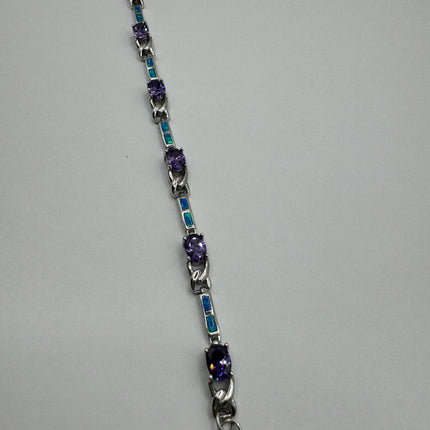 Vintage Blue Fire Opal Purple Amethyst 925 Sterling Silver Deco Tennis Bracelet