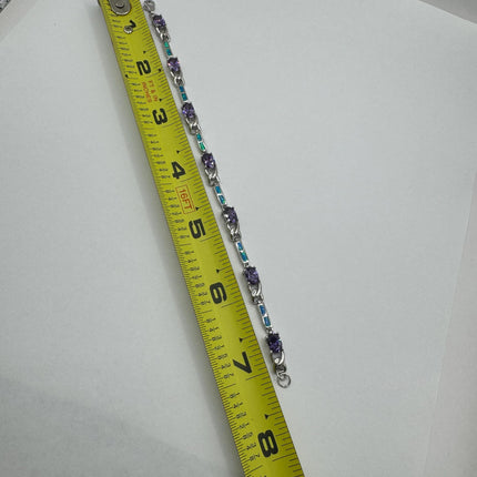 Vintage Blue Fire Opal Purple Amethyst 925 Sterling Silver Deco Tennis Bracelet