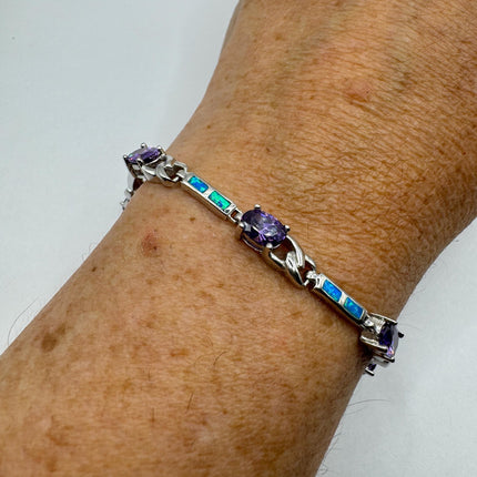 Vintage Blue Fire Opal Purple Amethyst 925 Sterling Silver Deco Tennis Bracelet