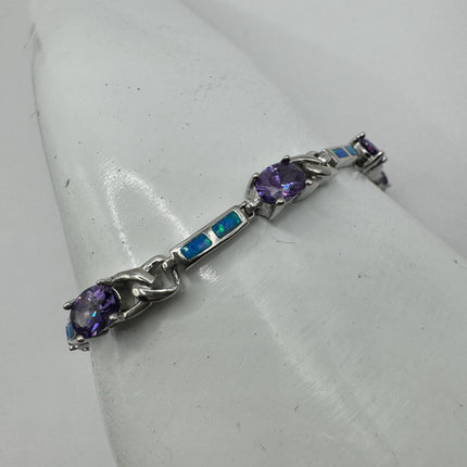 Vintage Blue Fire Opal Purple Amethyst 925 Sterling Silver Deco Tennis Bracelet
