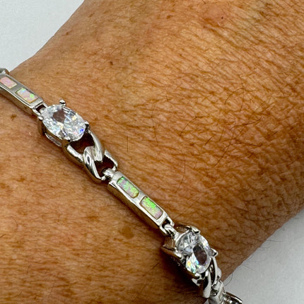 Vintage Tennis Bracelet | Blue Fire Opal Gemstone Cubic Zirconia Crystal Diamond 925 Sterling Silver