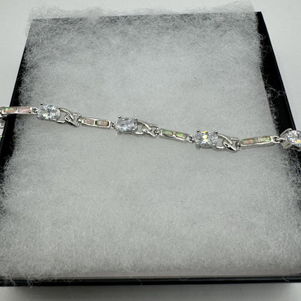 Vintage Tennis Bracelet | Blue Fire Opal Gemstone Cubic Zirconia Crystal Diamond 925 Sterling Silver