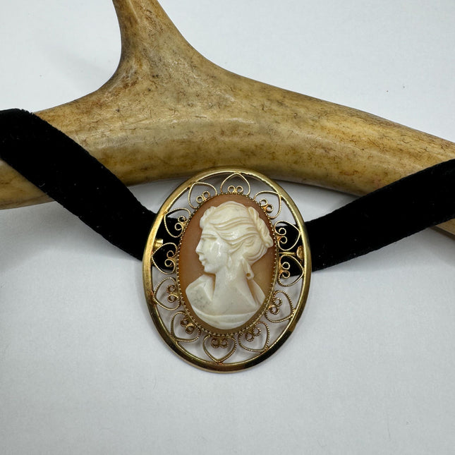 Vintage Deco Carved Cameo Brooch Pin - Gold Filled with Black Velvet Choker - Simple Everyday Minimal Jewelry