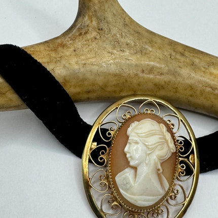 Vintage Deco Carved Cameo Brooch Pin - Gold Filled with Black Velvet Choker - Simple Everyday Minimal Jewelry