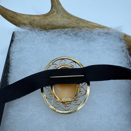 Vintage Deco Carved Cameo Brooch Pin - Gold Filled with Black Velvet Choker - Simple Everyday Minimal Jewelry