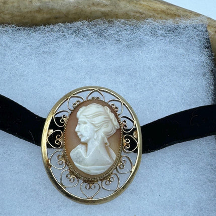 Vintage Deco Carved Cameo Brooch Pin - Gold Filled with Black Velvet Choker - Simple Everyday Minimal Jewelry