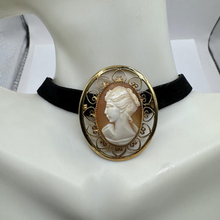 Vintage Deco Carved Cameo Brooch Pin - Gold Filled with Black Velvet Choker - Simple Everyday Minimal Jewelry