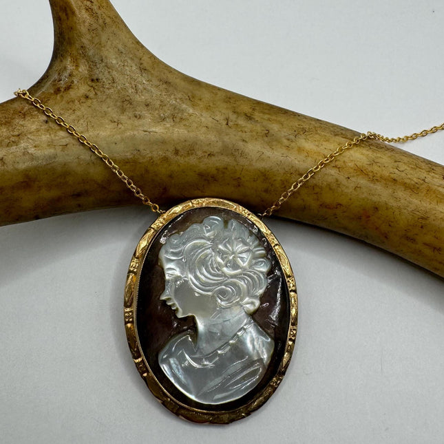 Vintage Cameo Gold Pendant Necklace | 12k GF Tiny Minimal Carved Abalone Gold Chain | Everyday Stacking Wedding Prom Jewelry Pin Brooch