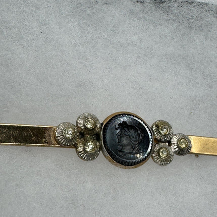 Vintage Gold Cameo Hematite Brooch - Classic Feminine Jewelry - Gold Filled Pin