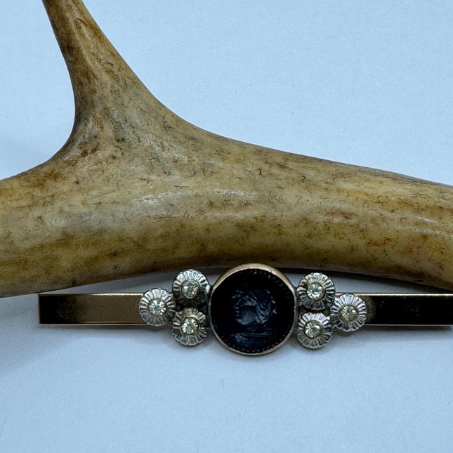 Vintage Gold Cameo Hematite Brooch - Classic Feminine Jewelry - Gold Filled Pin