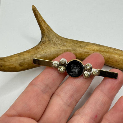 Vintage Gold Cameo Hematite Brooch - Classic Feminine Jewelry - Gold Filled Pin