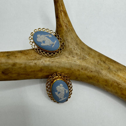vintage blue and white Wedgewood cameo gold fill button earrings