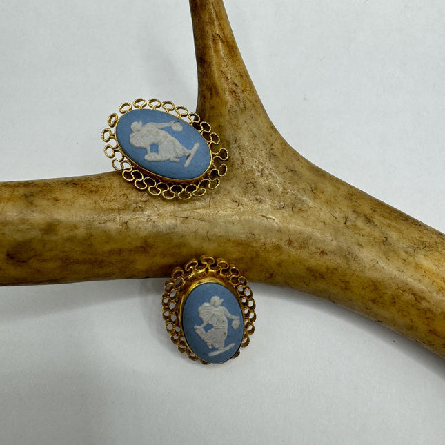 vintage blue and white Wedgewood cameo gold fill button earrings