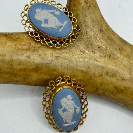 vintage blue and white Wedgewood cameo gold fill button earrings
