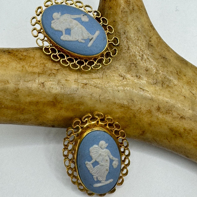 vintage blue and white Wedgewood cameo gold fill button earrings