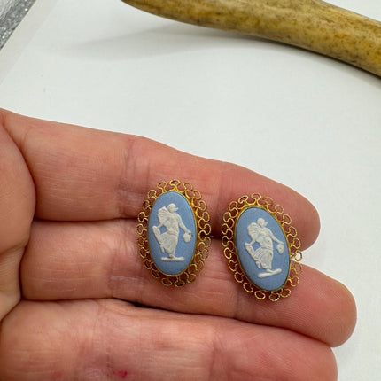 vintage blue and white Wedgewood cameo gold fill button earrings