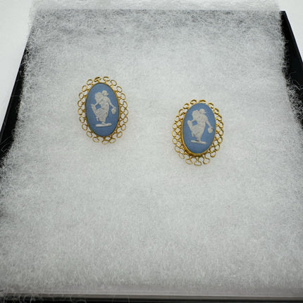 vintage blue and white Wedgewood cameo gold fill button earrings