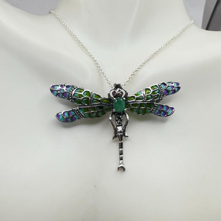vintage stained glass, green emerald dragonfly Necklace - Pin 925 Sterling Silver Chain