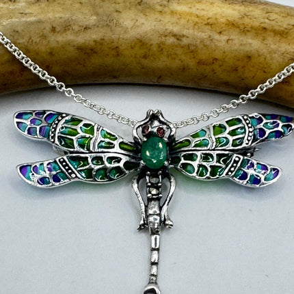 vintage stained glass, green emerald dragonfly Necklace - Pin 925 Sterling Silver Chain