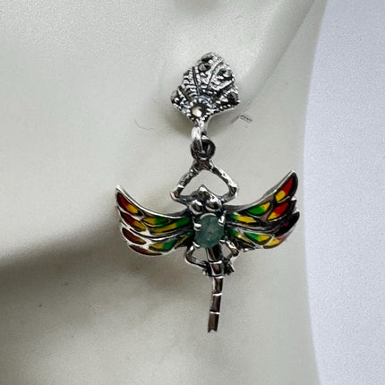 vintage stained glass green emerald dragonfly Earrings 925 Sterling Silver