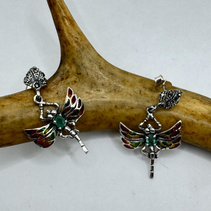 vintage stained glass green emerald dragonfly Earrings 925 Sterling Silver
