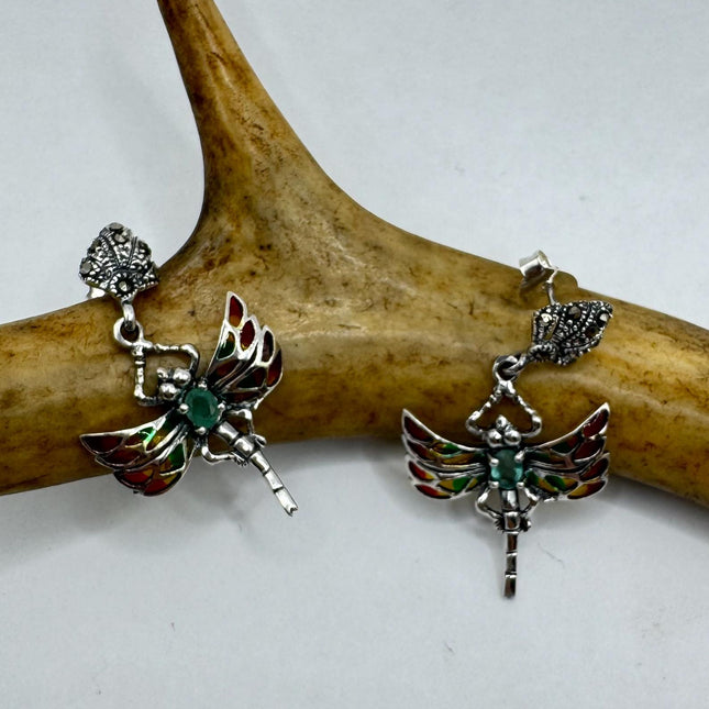 vintage stained glass green emerald dragonfly Earrings 925 Sterling Silver