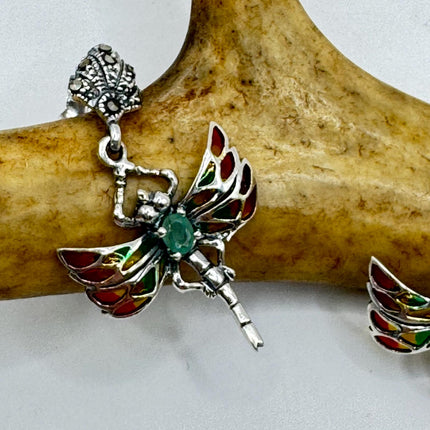 vintage stained glass green emerald dragonfly Earrings 925 Sterling Silver