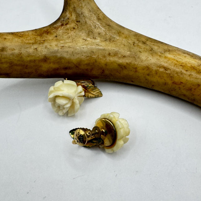 Vintage ivory flower rose, screw back clip on earrings Gold Filled - Unique and Stylish Accessory