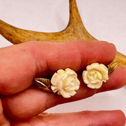 Vintage ivory flower rose, screw back clip on earrings Gold Filled - Unique and Stylish Accessory