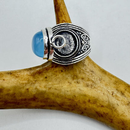 Vintage Silver Bronze Poison Ring Blue Chalcedony Unique Gift Statement Ring
