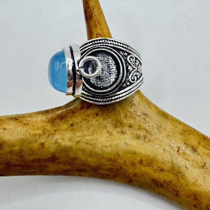 Vintage Silver Bronze Poison Ring Blue Chalcedony Unique Gift Statement Ring