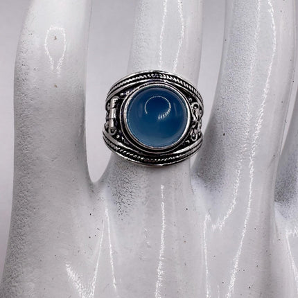 Vintage Silver Bronze Poison Ring Blue Chalcedony Unique Gift Statement Ring