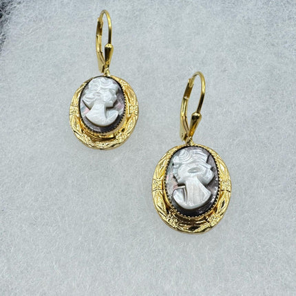 Vintage Cameo Abalone Gold Leverback Earrings 12k GF Tiny Love Delicate Gold Earrings Simple every day minimal